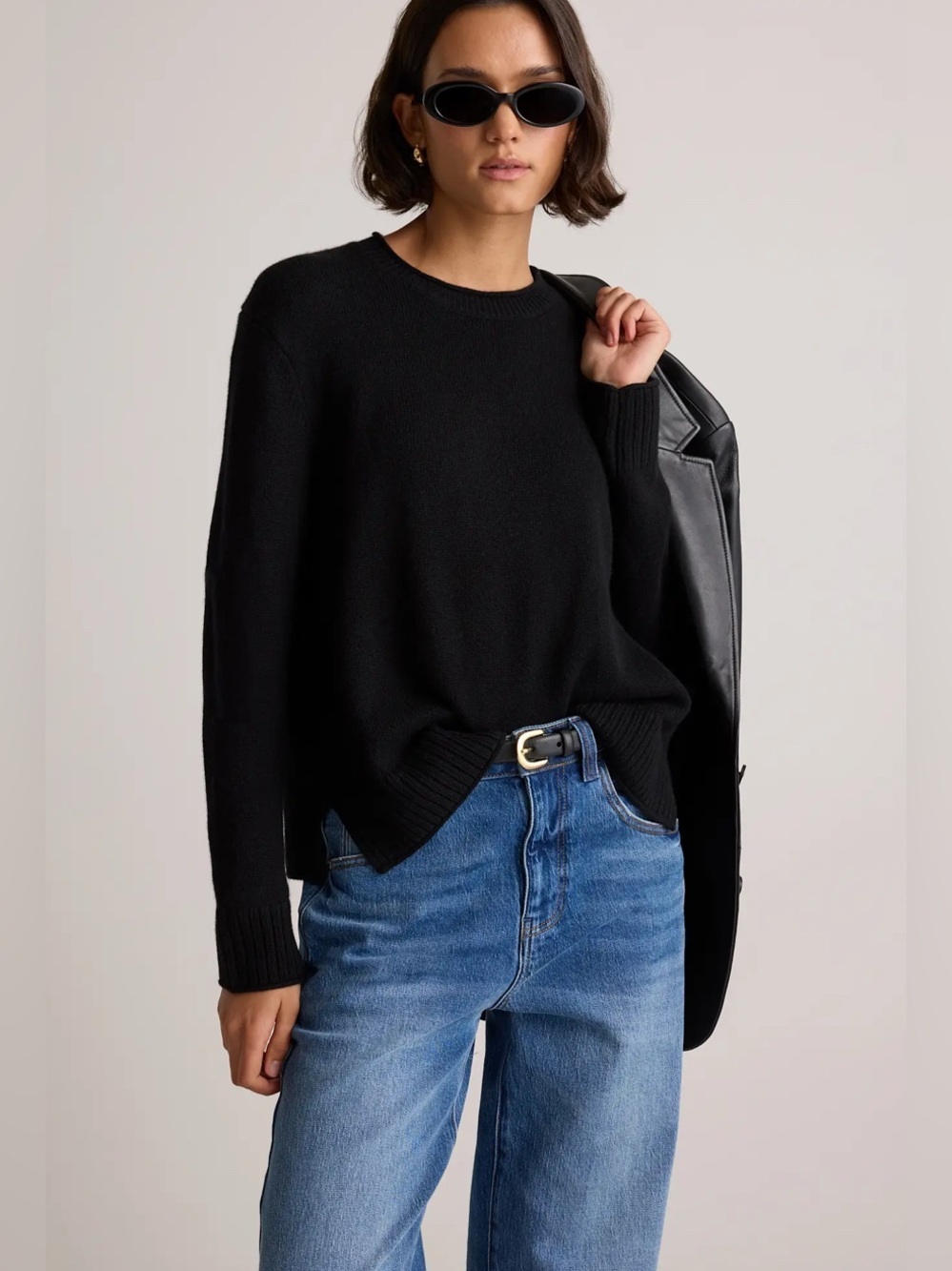 NWT Quince 100% Mongolian Cashmere Boxy Crewneck Sweater Black Sz XL Minimalist - Picture 7 of 16